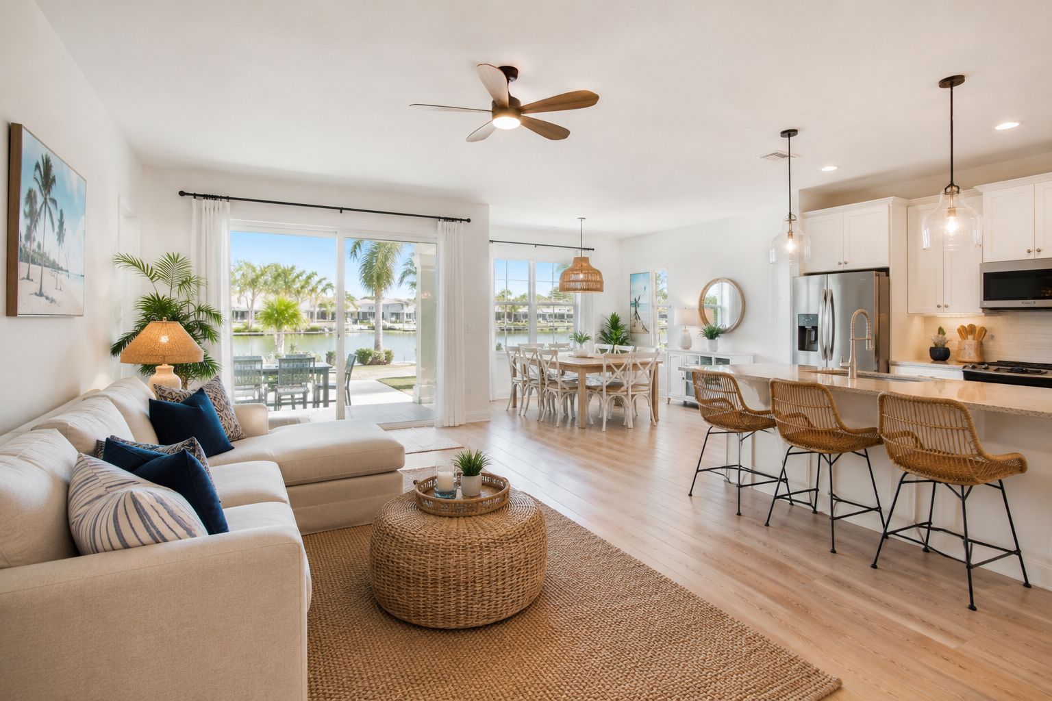 A guest checking into a Florida Airbnb using a mobile app at the foyer, representing specialized short-term rental insurance and liability protection.